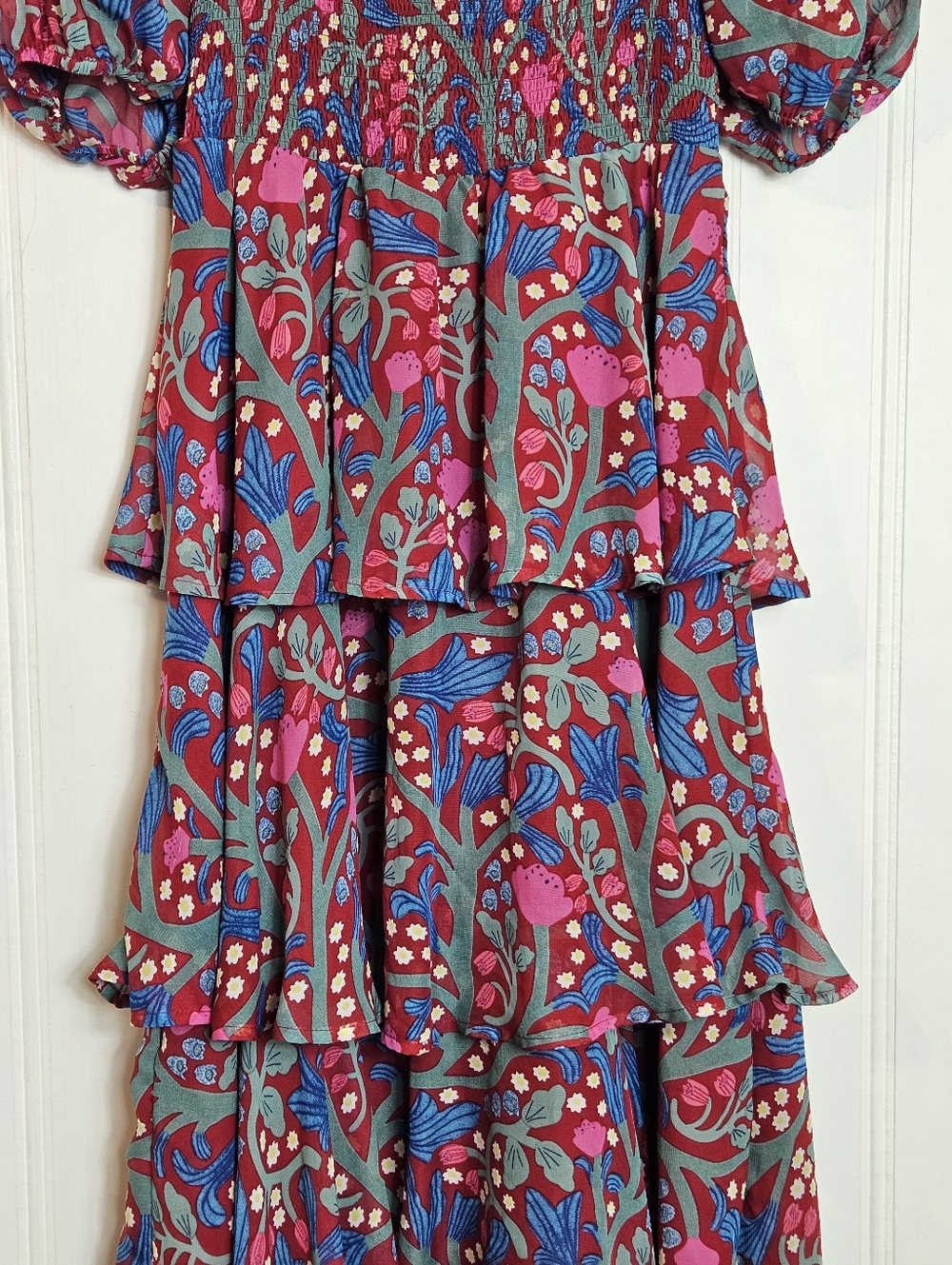 Entro Floral Tiered Maxi Dress L Puff Sleeve Smocked Cottagecore Boho - Picture 4 of 16